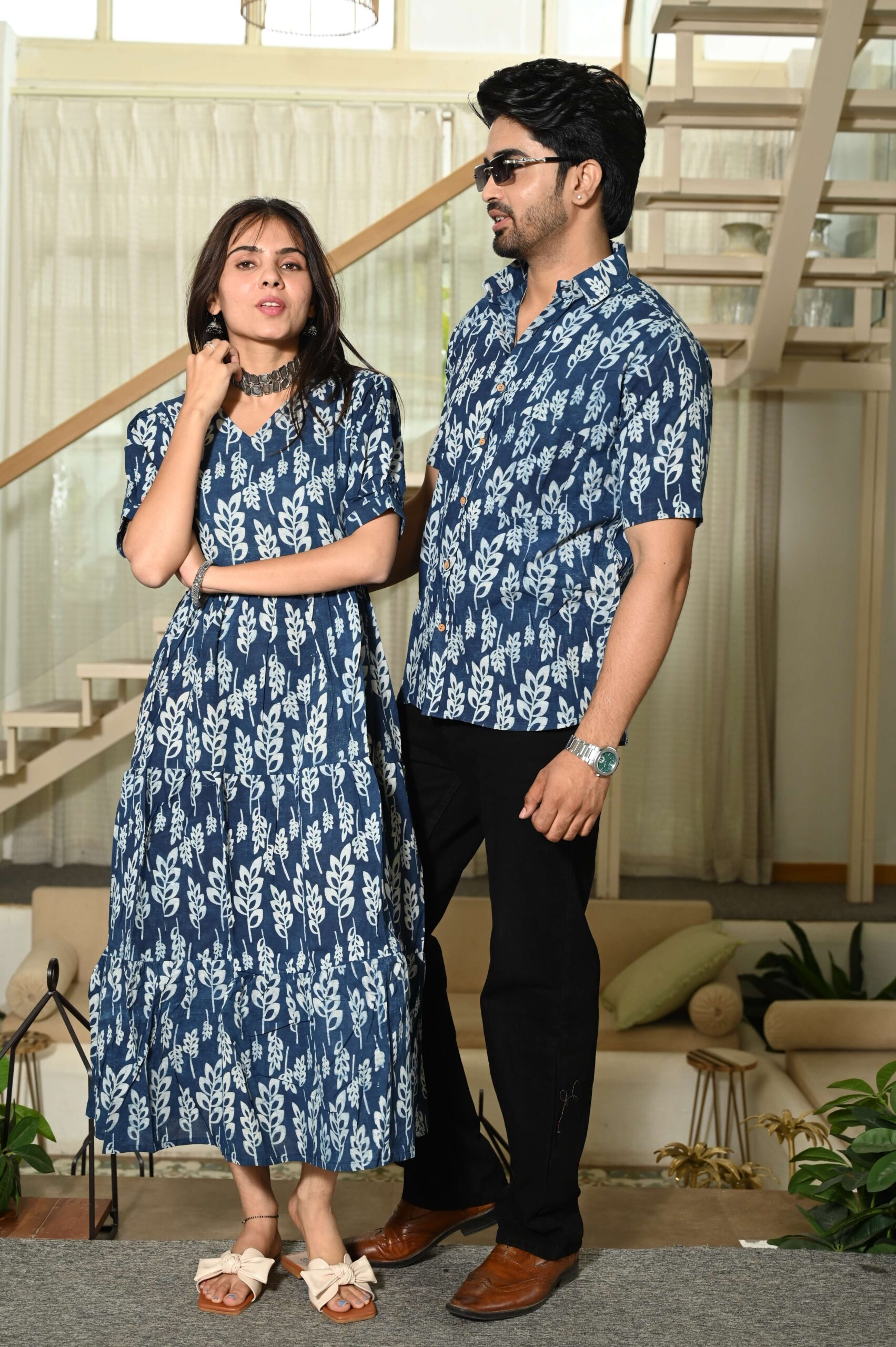 Couple Matching Blue Leaf Print Cotton Anarkali Midi Dress and Shirt Set